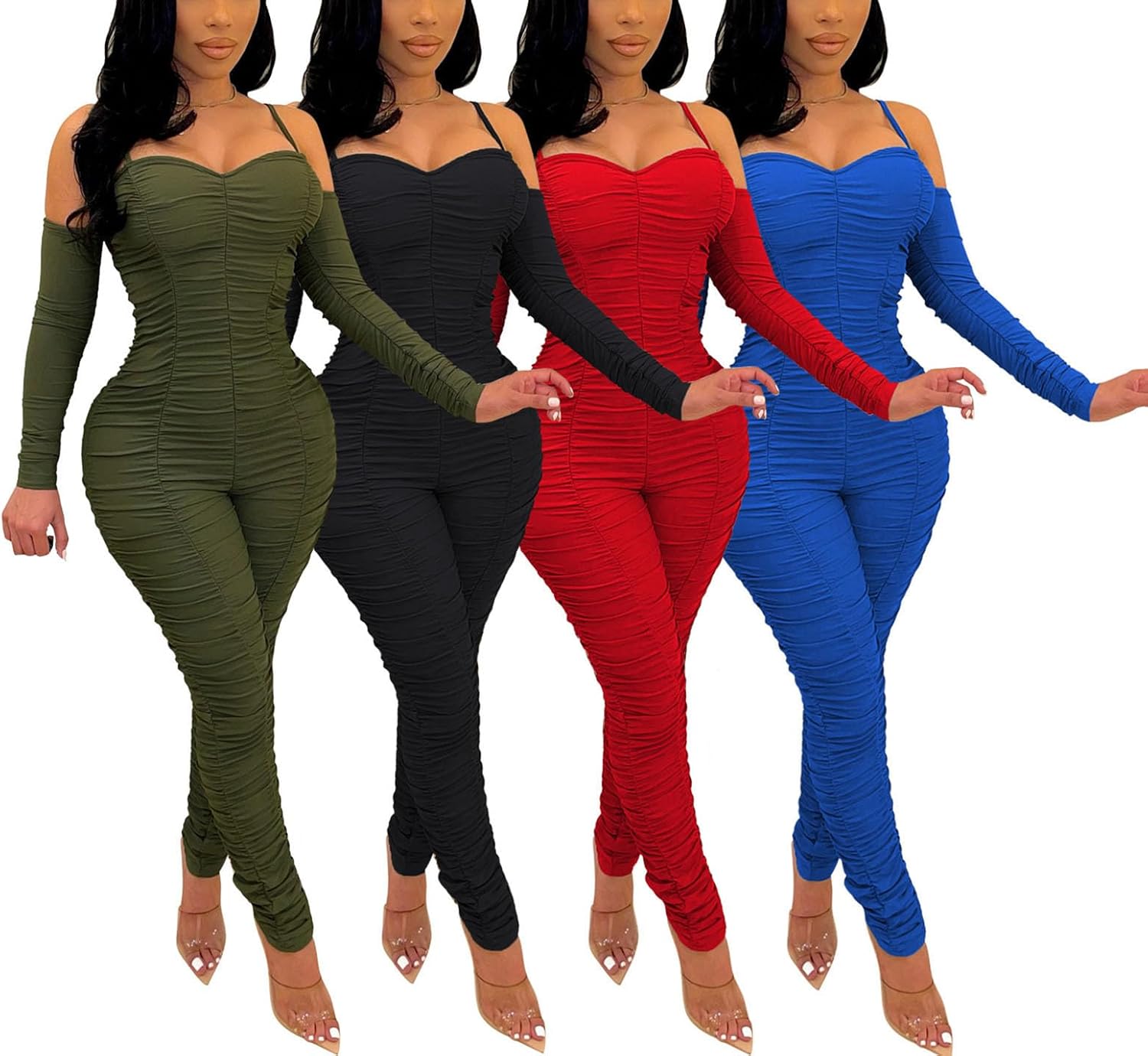 WOKANSE Women's Sexy Ruched One Piece Bodycon Cold Shoulder Long Sleeves Solid Jumpsuits Long Pants Romper - Image 3