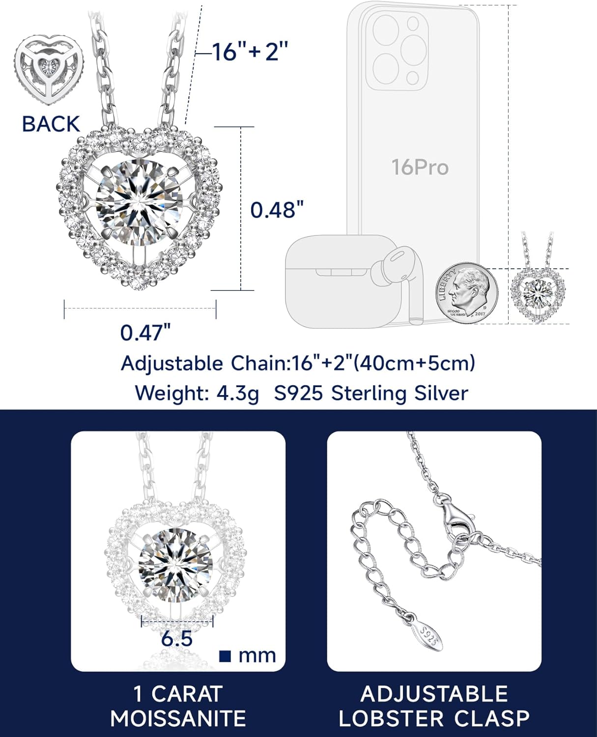 MomentWish Dancing Heart Necklace for Women, 0.5/1 Carat Dancing Moissanite Necklace for Her 925 Sterling Silver Pendant Anniversary Birthday Christmas Gift for Wife Mom Girlfriend - Image 7