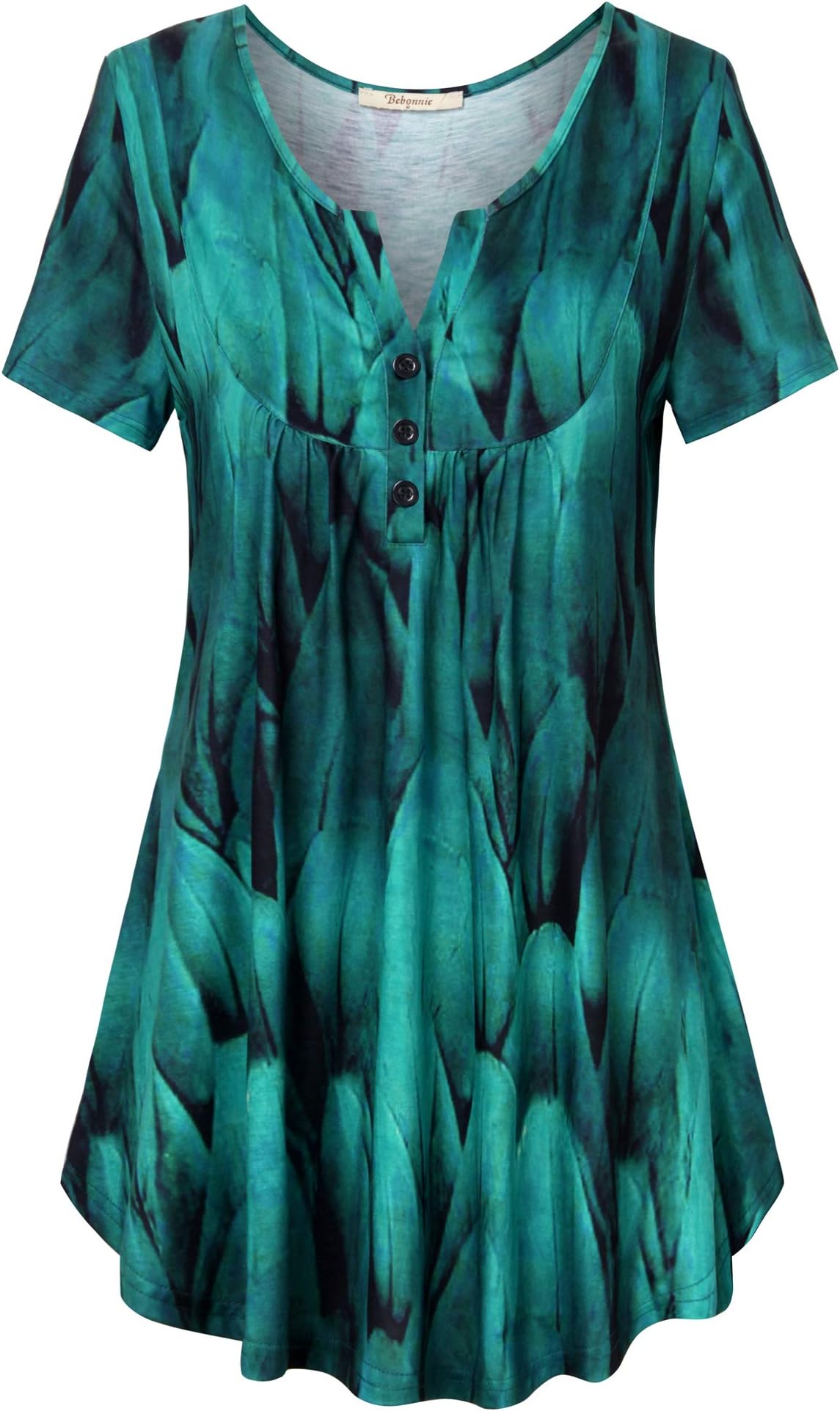 BebonnieWomen's Vintage Short Sleeve V Neck Pleated Tunic Shirt