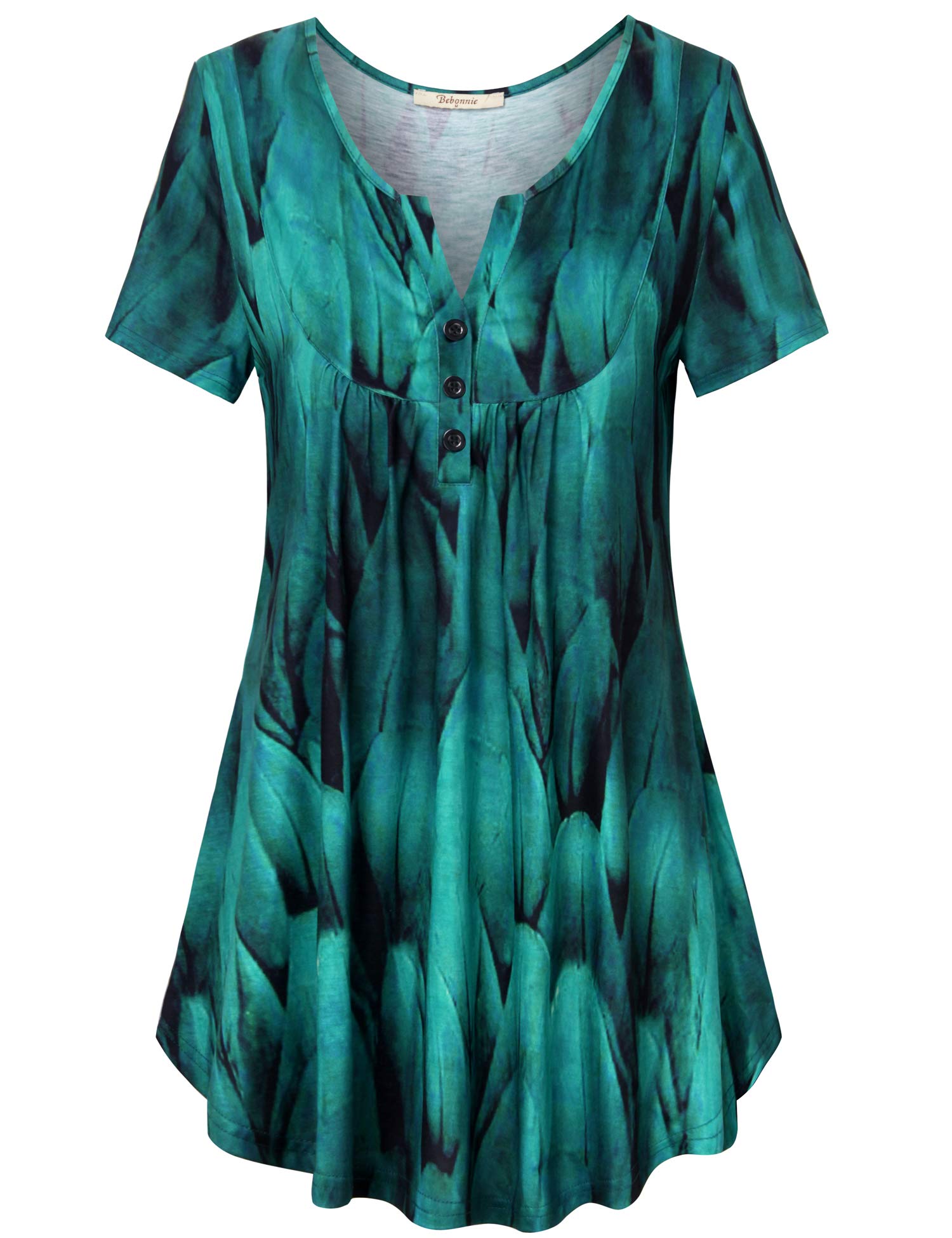 BebonnieWomen's Vintage Short Sleeve V Neck Pleated Tunic Shirt