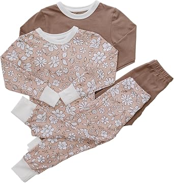 Pobibaby Kids Cotton Pajamas, 2-Pack Long Sleeve Snug Fit Pajama Sets, Tagless Soft Stretch Sleepwear for Toddler