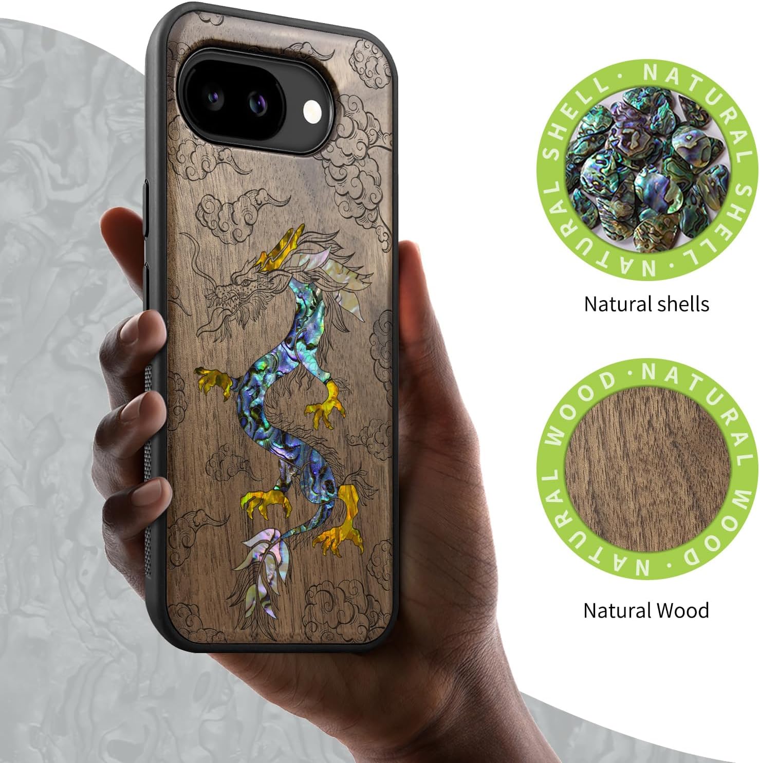 Carveit Magnetic Wooden Case for Google Pixel 10a Case, Wood Artisan Engraved & Handmade Shell Inlaid, Compatible with MagSafe Wireless Chargers (The Dragon's Ascent) Walnut