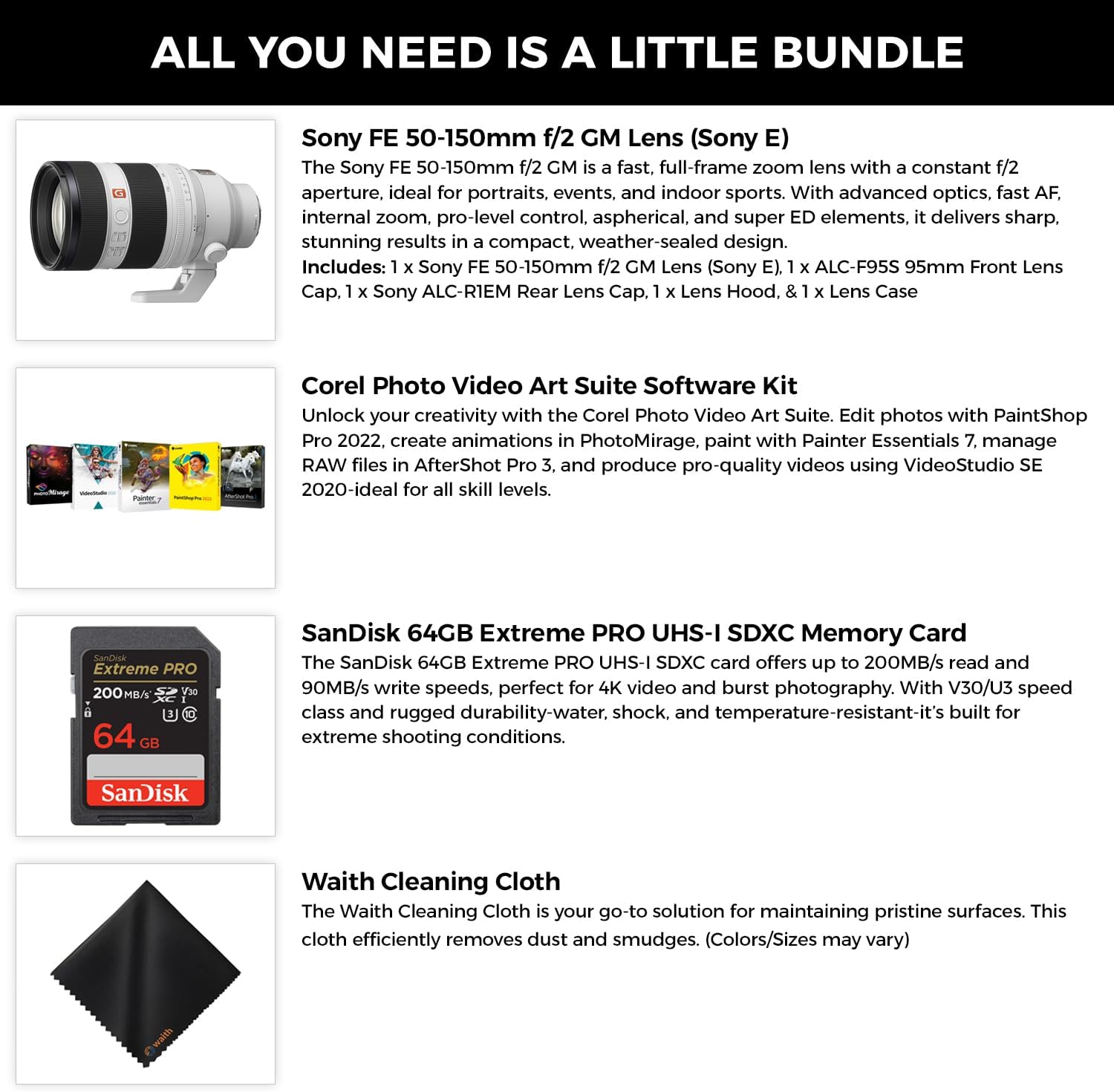 Sony FE 50-150mm f/2 GMaster Lens for Sony E Mount - High-Speed Potrait Zoom Lens with 64GB Extreme PRO UHS-I SDXC Memory Card, Corel Software Kit & Cleaning Cloth - Essential Bundle