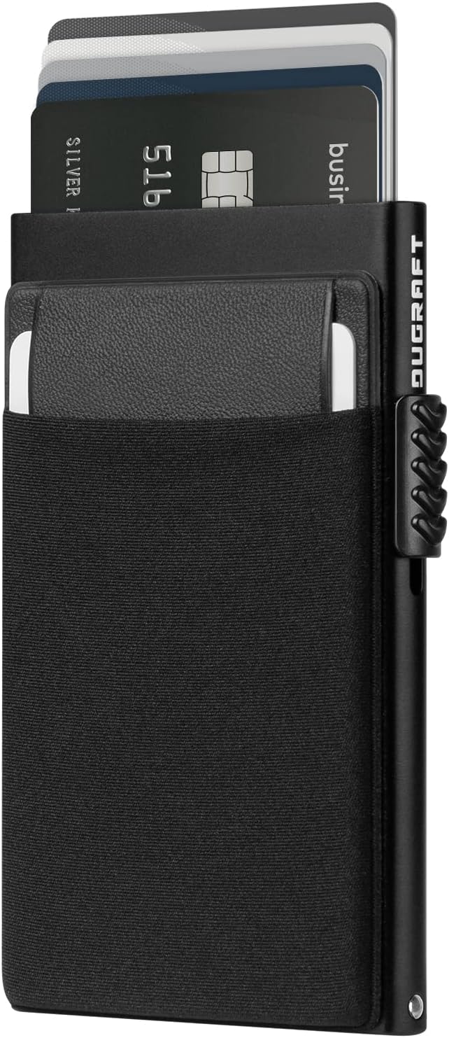 DUGRAFT Card Holder Wallet with Money Pocket, Mens Minimalist Slim Aluminum Metal Pop Up Wallet RFID Blocking with Gift Box, Holds 5 Cards and Cash (Black)