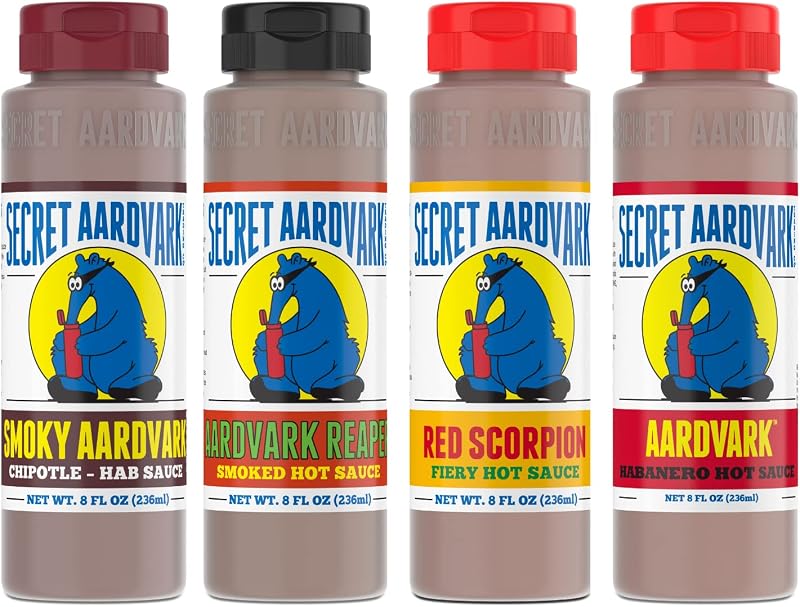Secret Aardvark Hot Sauce Variety Pack, Non-GMO 4-Pack Bundle 8 fl oz Each | Smoky Chipotle, Reaper, Red Scorpion, Habanero Sampler, Gift Set Low Carb, BBQ Marinade, No HFCS, Gift