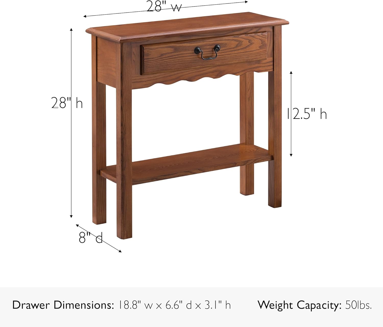 Leick Home Wave Console Table, Solid Wood, with Drawer, for Entryways, Hallways, and Living Rooms, Medium Oak, 9021-MED