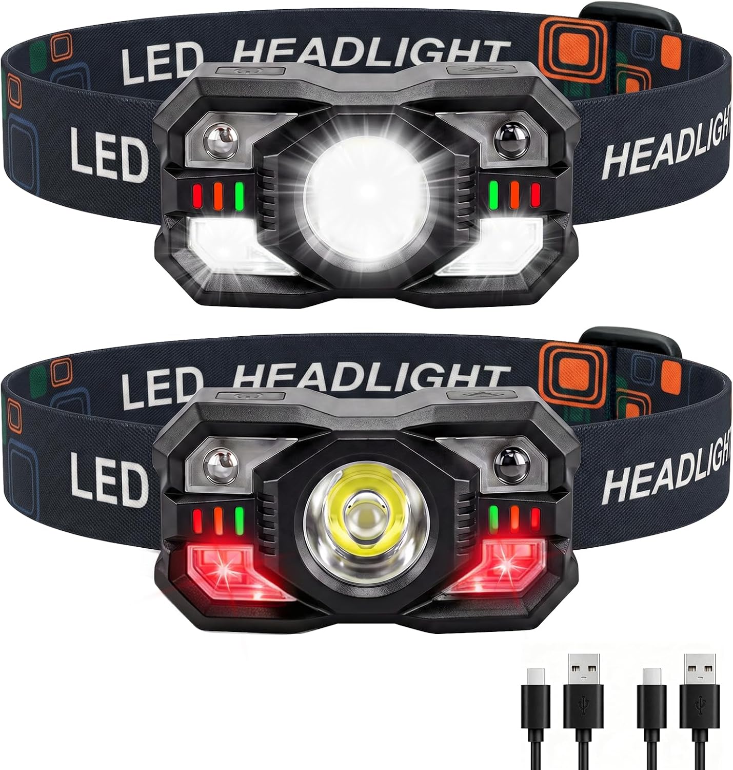 Head Lamps LED Rechargeable, Super Bright HeadLamp Headlight 2 Pack | Motion Sensor, Red Light, Lightweight Head Lights for Forehead, Waterproof Headlamps for Adults Camping Hiking Running Work