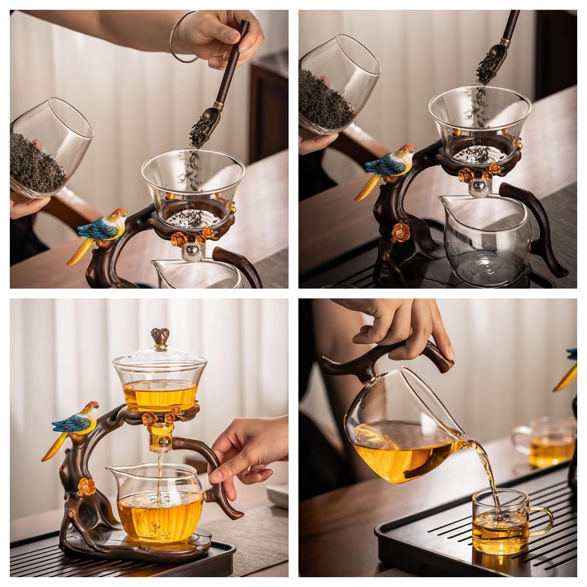 Lazy Kungfu Service à thé créatif en verre avec bol rotatif semi-automatique avec infuseur (oiseau avec 6 tasses)