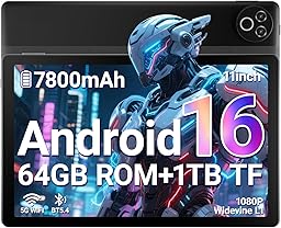 Laptok Tablet 11 Zoll, Android 16 Tablet mit 20GB RAM 64GB ROM/1TB TF, 7800mAh Akku, 5G WiFi, Widevine L1, Bluetooth 5.4, 1080P Display, 5MP+8MP Kamera, OTG, Schwarz