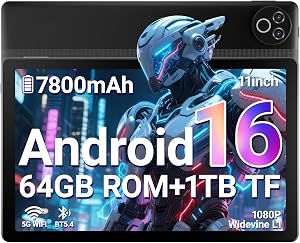 Android 16 Tablet, 11 Inch Tablet with 20GB RAM+64GB ROM/1TB TF, 7800mAh Android Tablets, 5G WiFi | Widevine L1 | Bluetooth 5.4 | 5MP+8MP | OTG | 1080P – Black