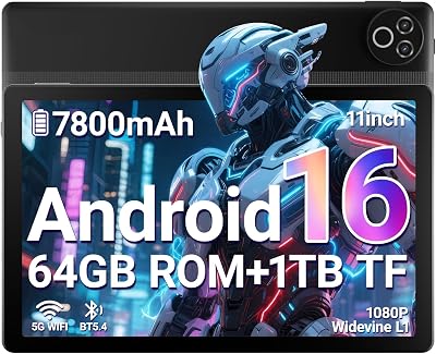 Android 16 Tablet, 11 Inch Tablet with 20GB RAM+64GB ROM/1TB TF, 7800mAh Android Tablets, 5G WiFi | Widevine L1 | Bluetooth 5.4 | 5MP+8MP | OTG | 1080P – Black