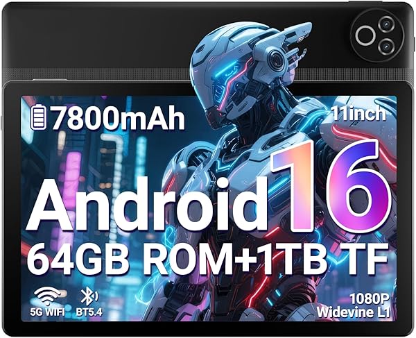 Laptok Tablet 11 Zoll, Android 16 Tablet mit 20GB RAM 64GB ROM/1TB TF, 7800mAh Akku, 5G WiFi, Widevine L1, Bluetooth 5.4, 1080P Display, 5MP+8MP Kamera, OTG, Schwarz - 1