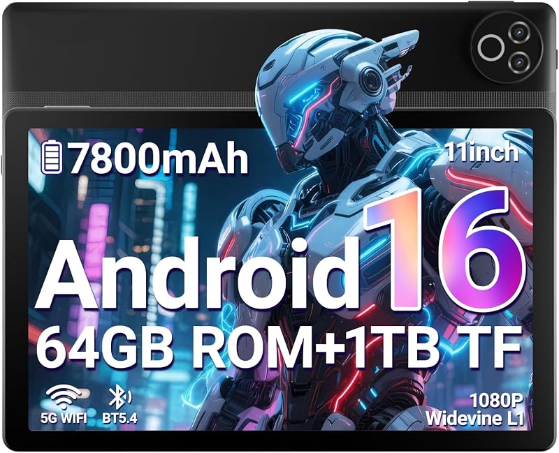 Laptok Tablet 11 Zoll, Android 16 Tablet mit 20GB RAM 64GB ROM/1TB TF, 7800mAh Akku, 5G WiFi, Widevine L1, Bluetooth 5.4, 1080P Display, 5MP+8MP Kamera, OTG, Schwarz