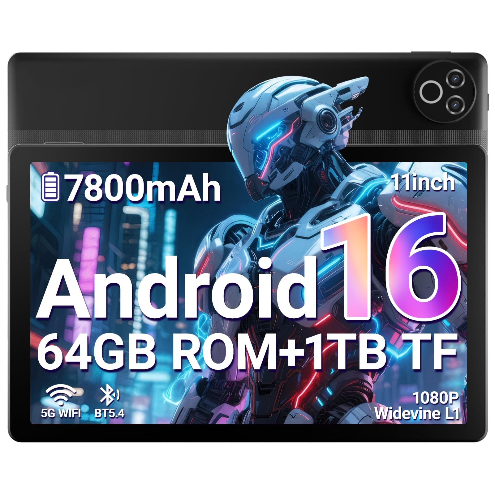 Laptok Tablet 11 Zoll, Android 16 Tablet mit 20GB RAM 64GB ROM/1TB TF, 7800mAh Akku, 5G WiFi, Widevine L1, Bluetooth 5.4, 1080P Display, 5MP+8MP Kamera, OTG, Schwarz - 2