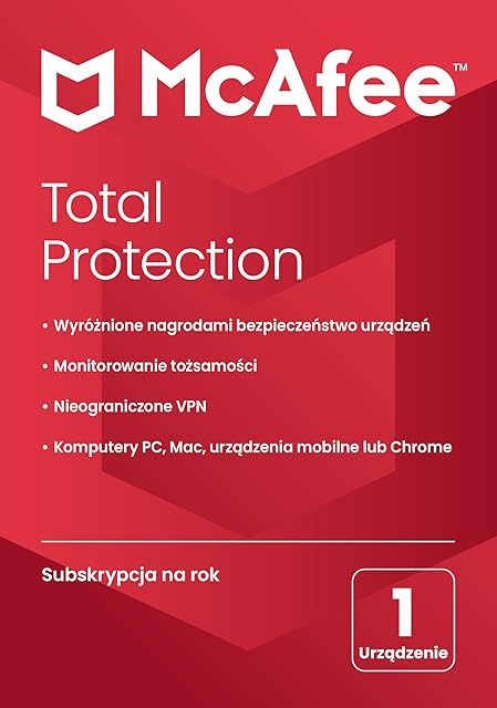 McAfee Total Protection 2024 | 1 urządzenie | Oprogramowanie antywirusowe zapewniające bezpieczeństwo w sieci | PC/Mac/Android/iOS | Roczna subskrypcja | Dostawa pocztą | Standard
