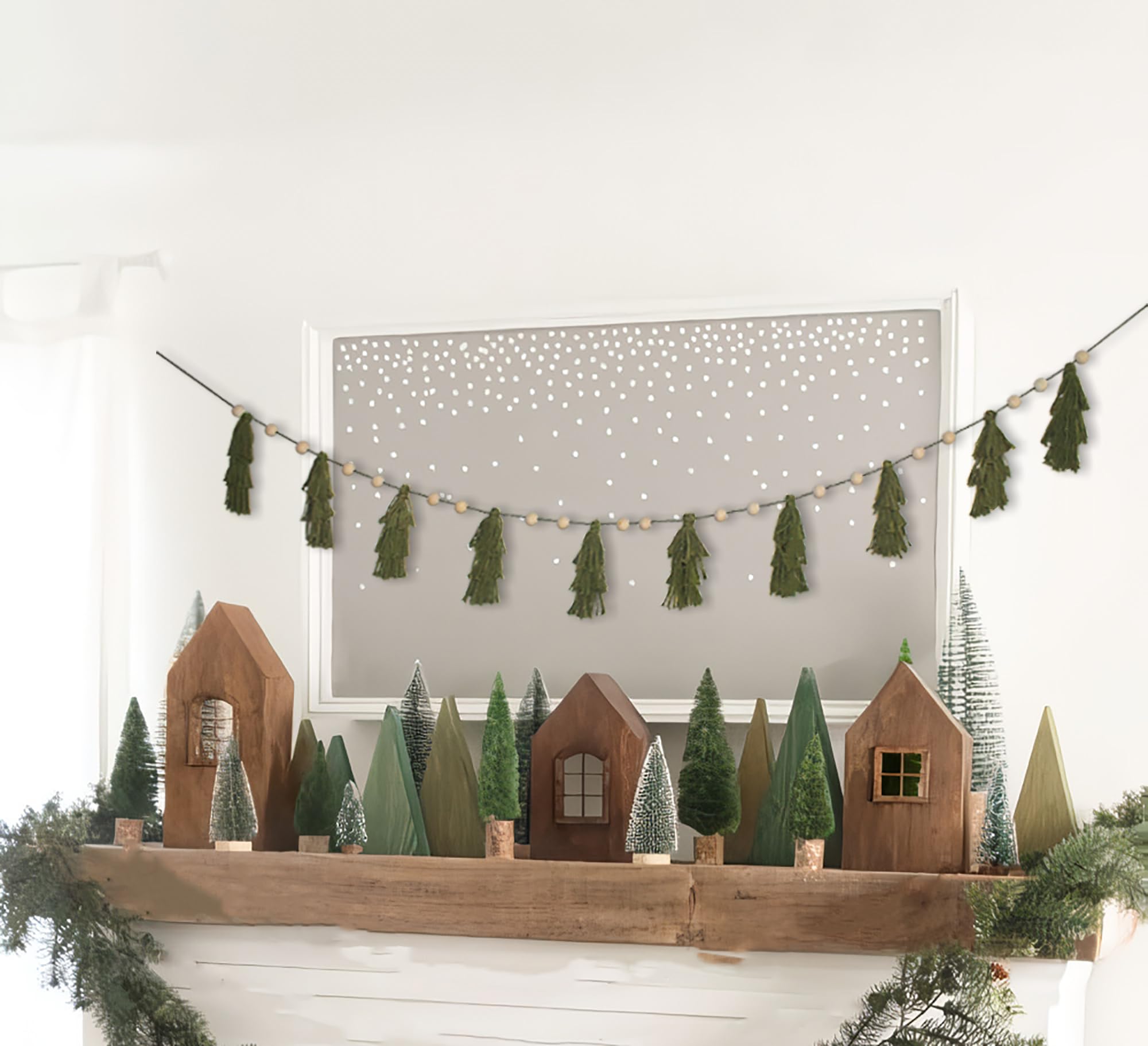 Boho Pastell Quaste Girlande Banner mit Holzperlen Grün Dritte Etage für Weihnachten Thanksgiving Dekoration Kinder Schlafzimmer Kinderzimmer Babyparty