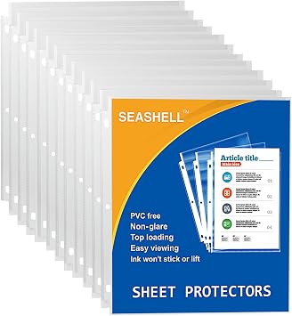 Seashell 100 Economy Non-Glare Sheet Protectors, Plastic Page Protectors for 3 Ring Binder, Letter Size, Top Loading, 3 Hole Punched, Binder Sleeves for 8.5 x 11 Paper, for School and Office use...