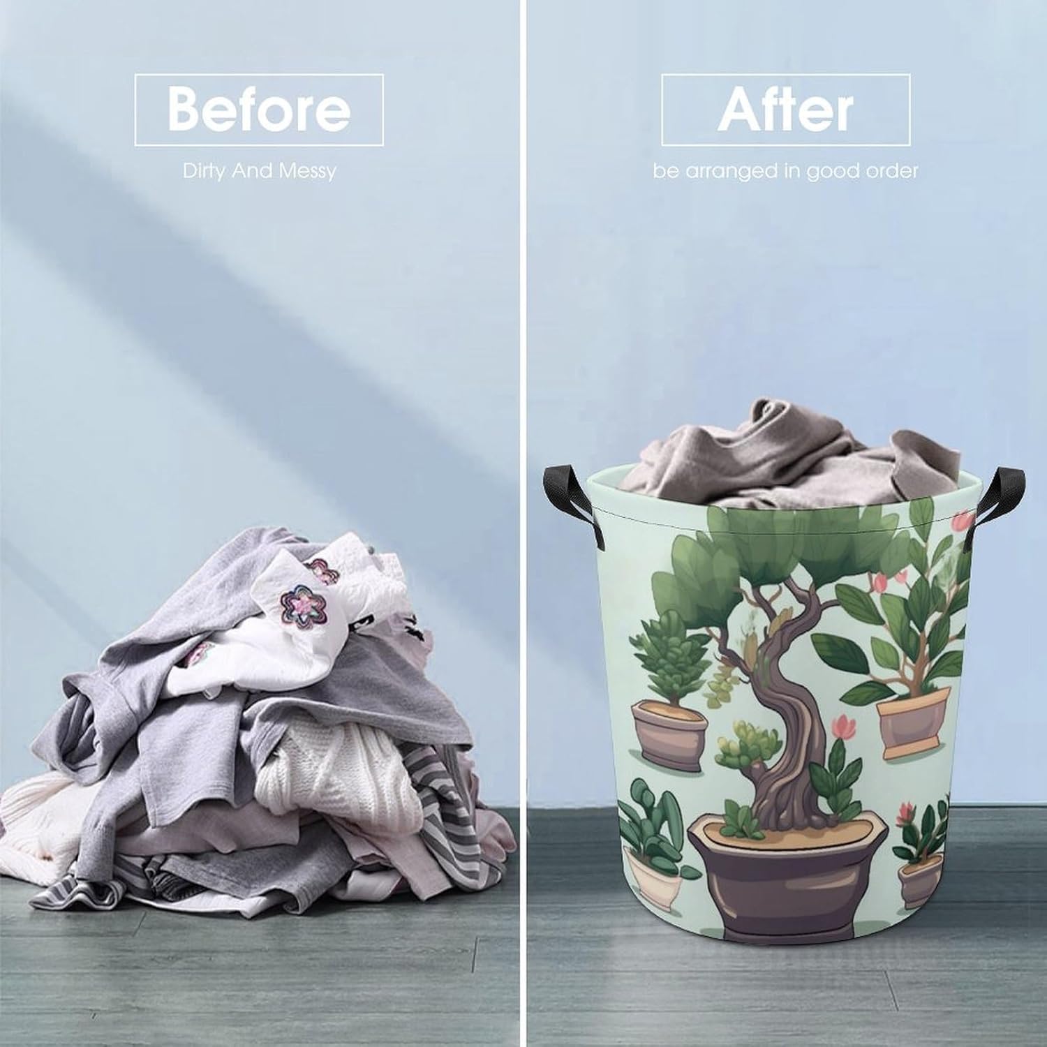 Laundry Basket Waterproof Laundry Hamper with Handles Foldable Dirty Clothes Hamper Bonsai Plant Freestanding Laundry Bag Organizer Tall Storage Basket for Bedroom Bathroom Decor