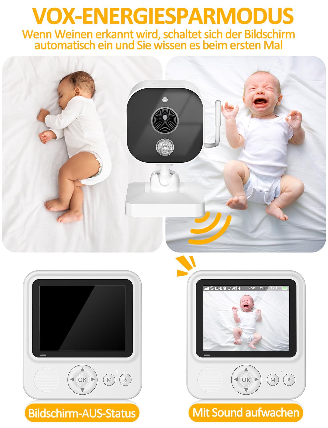 OBVHNUA Vigilabebés con Cámara 720p IPS, Monitor para Bebés 2,8" con Batería de 2000mAh, Zoom Digital, Modo VOX, Audio Bidireccional, Visión Nocturna, Control de Temperatura, Canciones de Cuna, Alarma