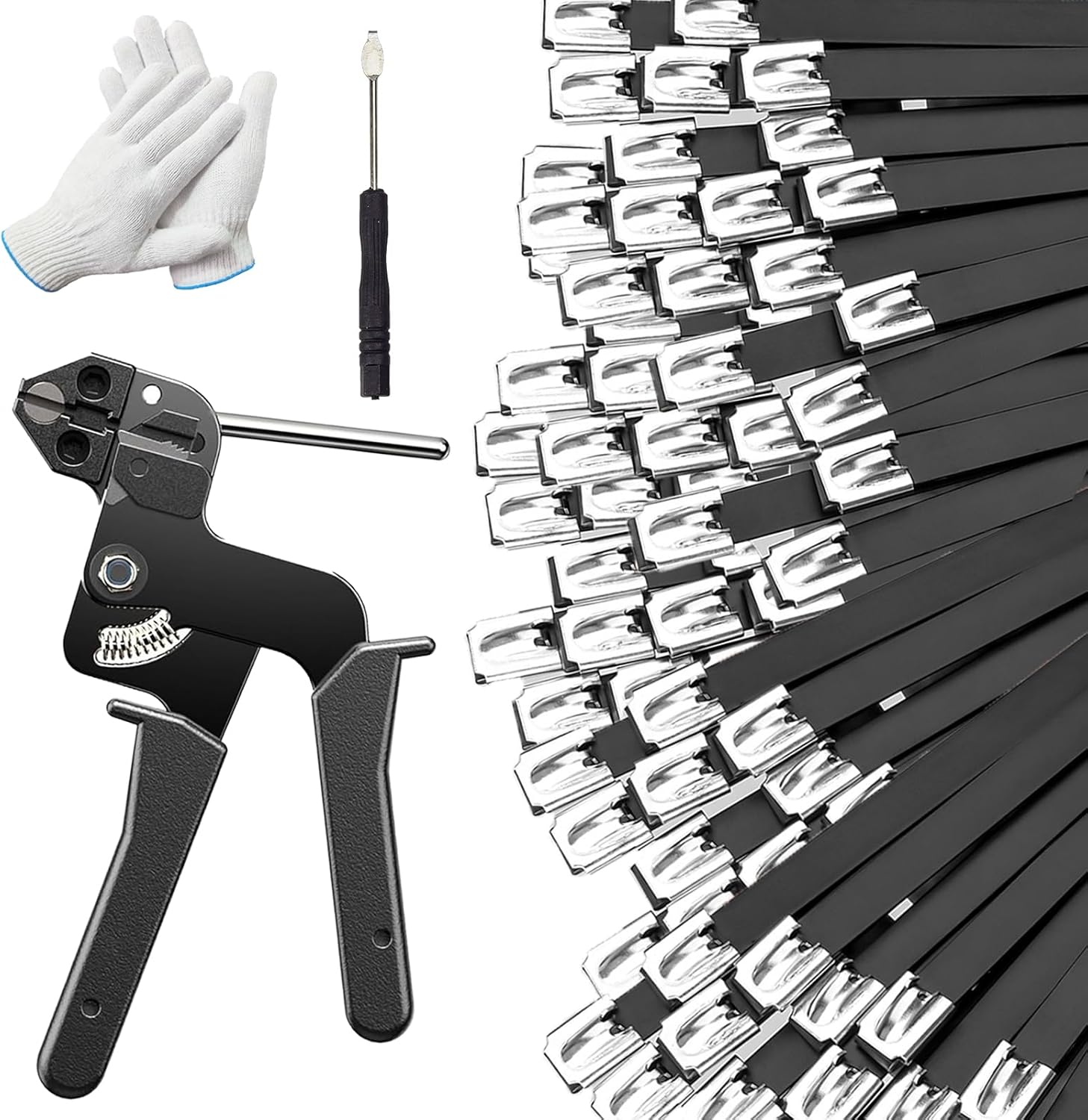 300 PCS 11.8 Inch Black Galvanized Steel Cable Ties Kit with Cable Tie Gun, Screwdriver and Protective Gloves, Heavy Duty 304 Metal Zip Ties Complete Tool Set for Industrial, Automotive, Fence Use
