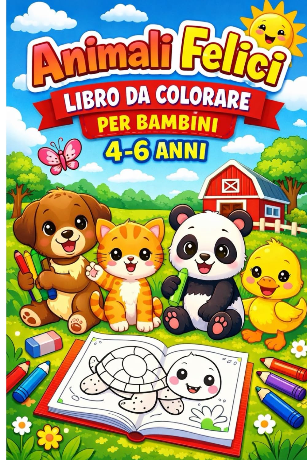 Animali Felici: Libro da colorare per bambini 4-6 anni | disegni semplici e divertenti