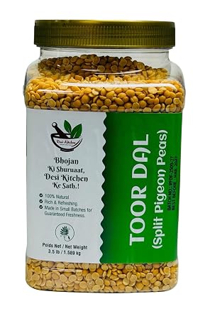 Desi Kitchen Toor Dal 3.5lb 1.589 kg | Split Pigeon Peas | Unpolished, Non-GMO, Vegan, Protein-Rich & Gluten-Free | Premium Quality Indian Lentils | By Rani Foods
