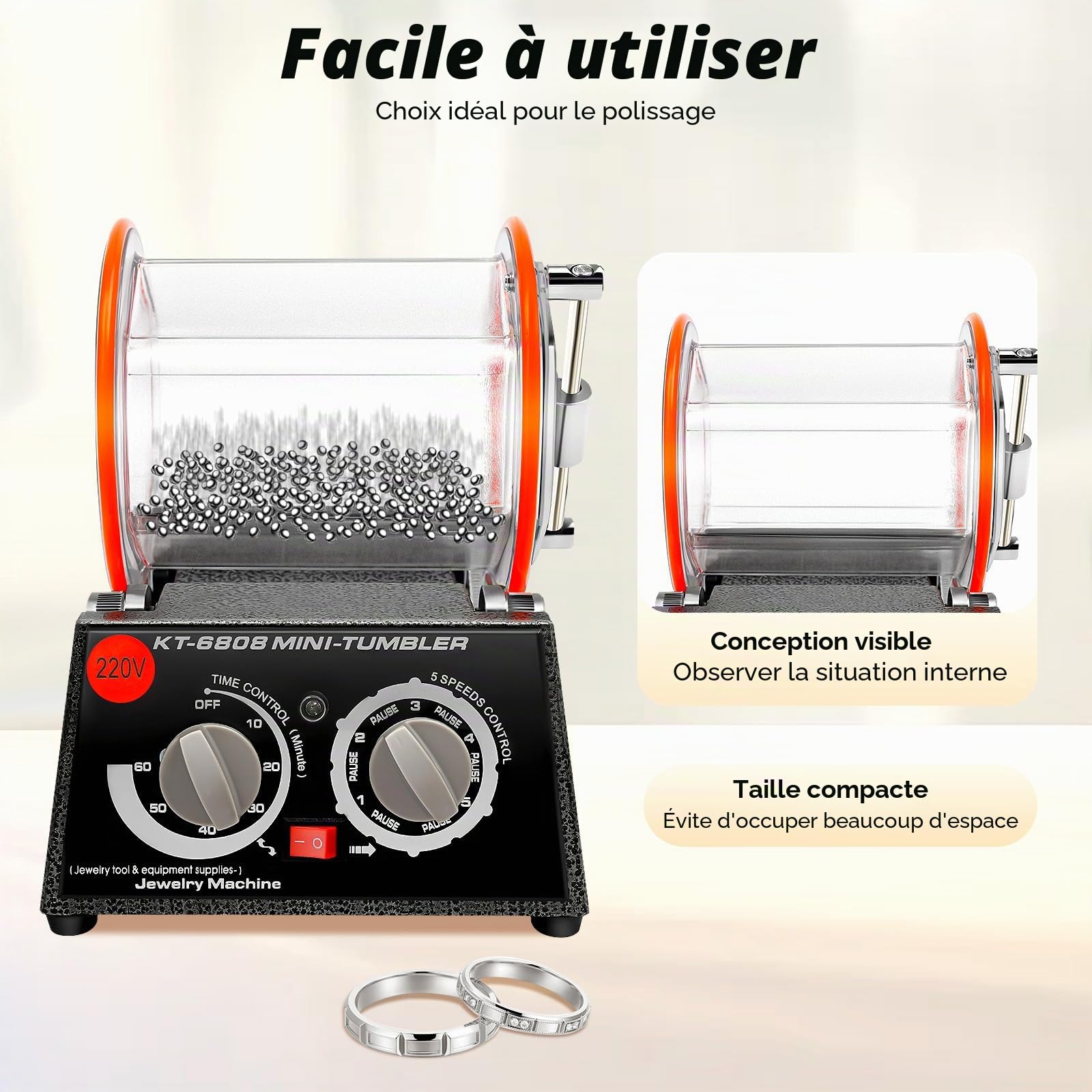 Tambour de polissage rotatif, 3 kg, polisseuse à bijoux avec 4 commandes de vitesse et minuterie, polisseuse rotative