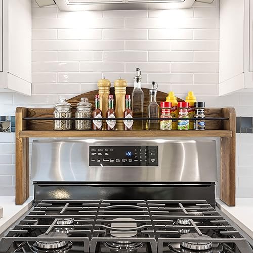 Miniatura 2 de MyGift Estante de especias de lujo de madera maciza quemada rústica y alambre de metal negro de 33 pulgadas, ahorra espacio sobre la gama del horno,