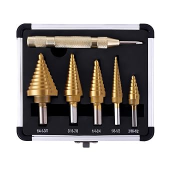 Step Drill Bits, 6PCS 50 Sizes HSS Step Unibit Drill Bits with Automatic Center Punch, Double Cutting Blades, High-Speed Steel, Multiple Hole Stepped Up Bits for DIY Lovers with Aluminum Case