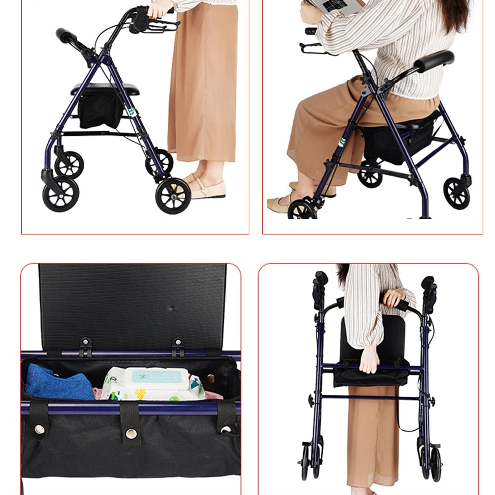 Andador para Ancianos Andador con Ruedas de 4 Ruedas con Asiento, Andador con Ruedas de Aluminio, Altura Ajustable, Ligero, Plegable, con Soporte for Cesta Andador Ligero