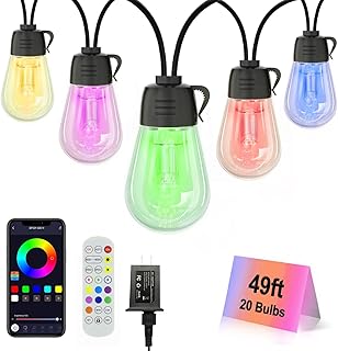 Outdoor String Lights, 49ft 20 Bulbs Color Changing Outdoor Patio Lights with Remote & APP, S14 RGB Shatterproof Led Dimmable Strip Lights for Bistro Backyard Garden Wedding Decor