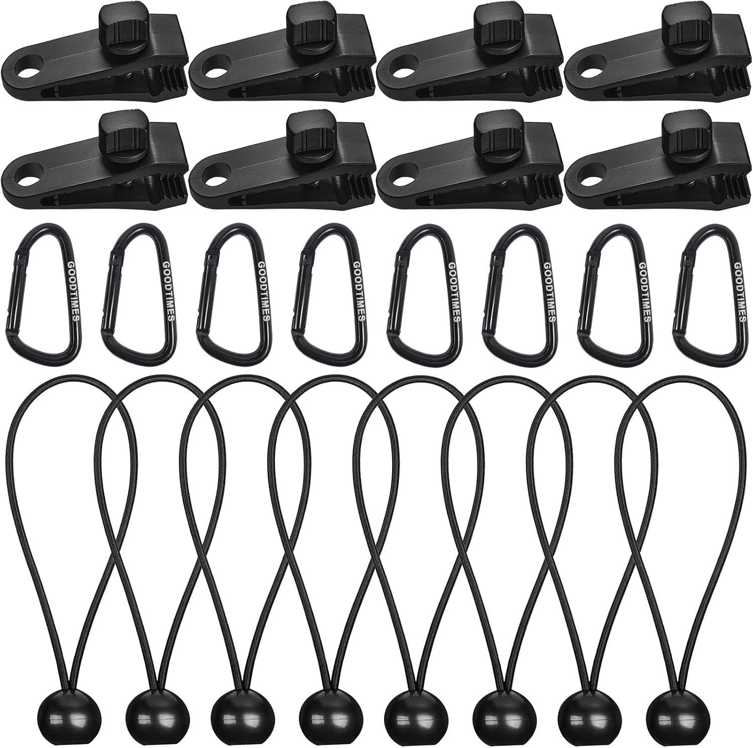 Tarp Clips Lock Grip Tarp Clamps with Bungee Cord and Carabiner for Tent Camping Awnings Caravan Canopies Car Cover Swimming Pool Cover Boat Cover Fasteners Clips 24 Pcs