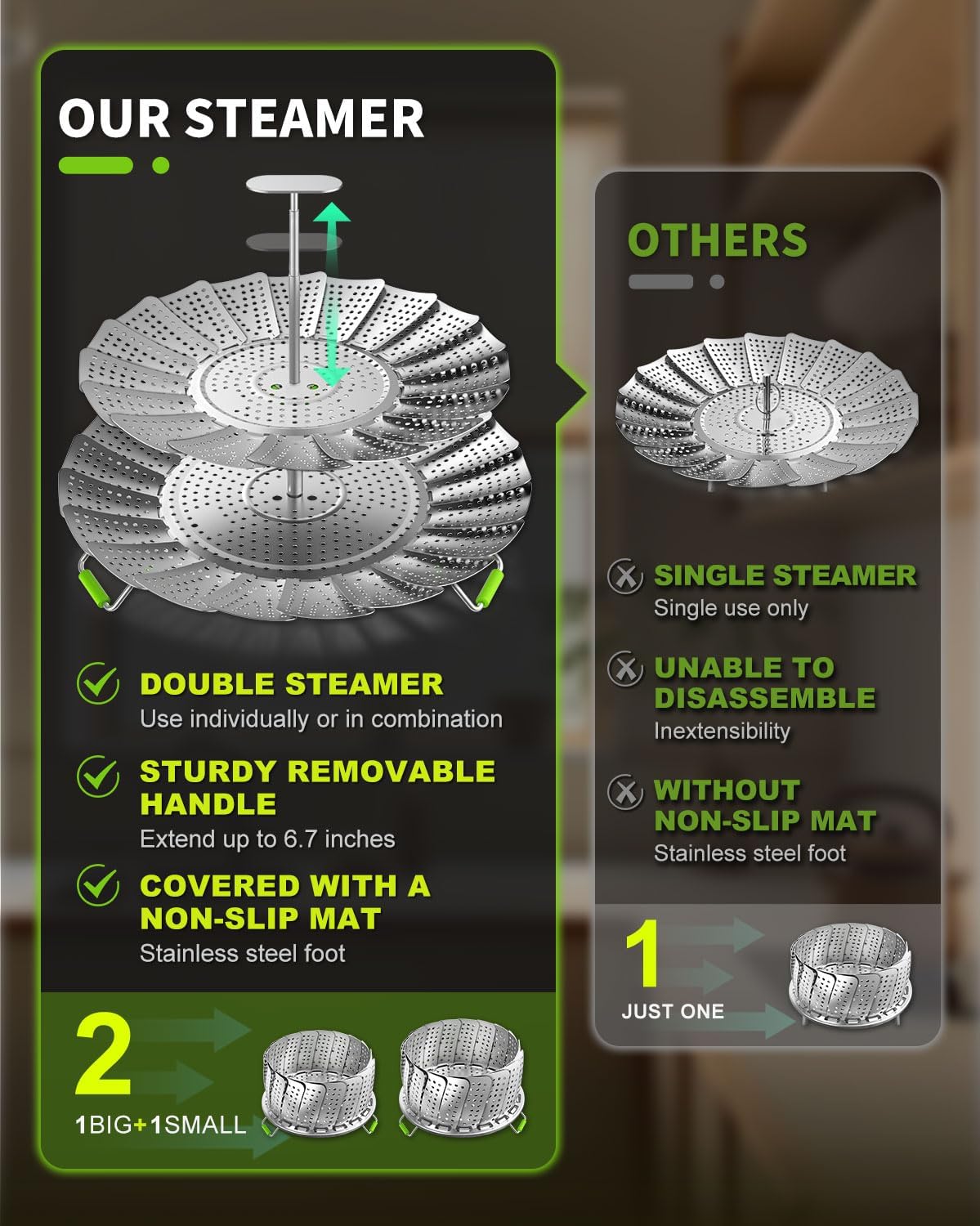2-Layer Vegetable Steamer Basket for Pot,premium stainless steel steamer basket, Separable double-layer stainless steel basket Fits Various Size Pot(Upper layer 5.4 - 9.2 inches, Lower layer 6.5 - 11 inches)
