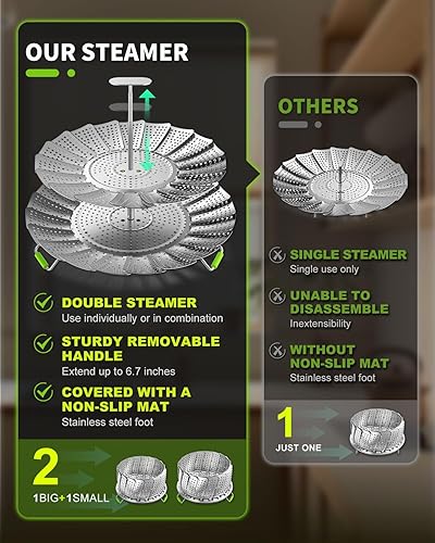 Miniatura 4 de Cesta de vapor de doble capa para cocinar, vaporizadores de verduras de acero inoxidable 2 en 1 de gran capacidad, expandible de 5.4 a 11 pulgadas,
