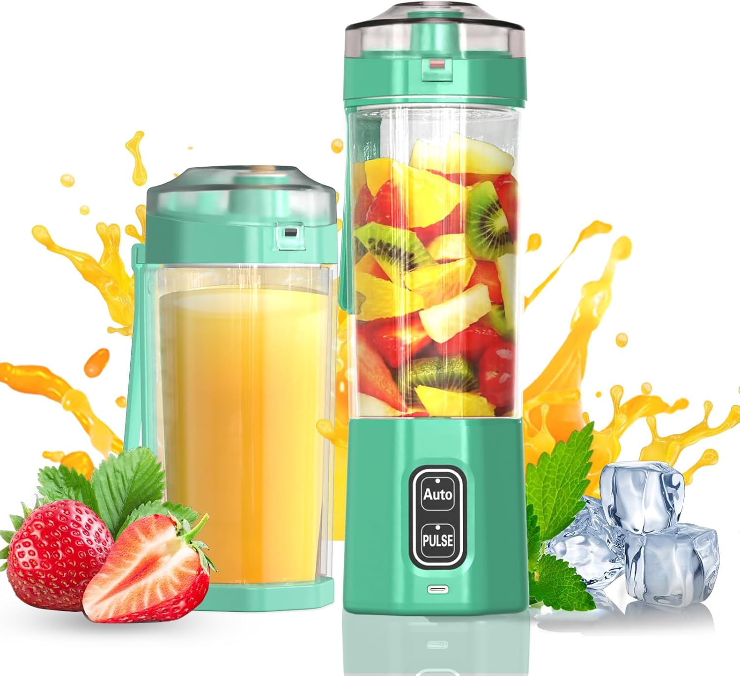 Portable Blender, 360 Watt Personal Blenders with Pulse Mode, Shakes and Smoothies, 6000mAh, BPA Free 24 Oz Blender Cup with 6 Blades and Lid, USB-C, Self Cleaning Portable Juicer For Travel, Green