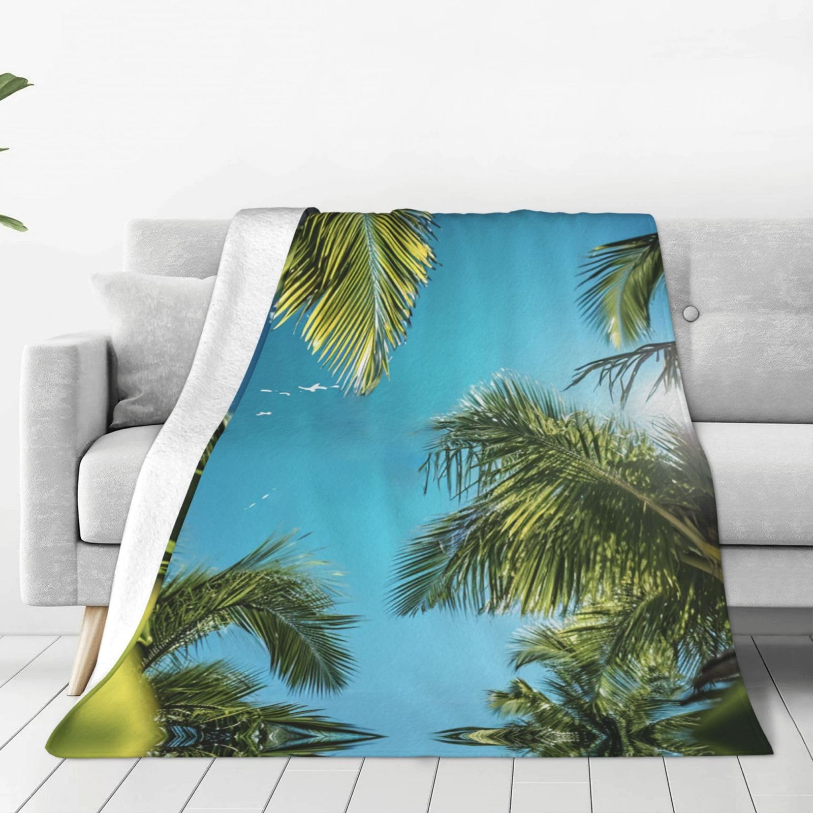 Couverture bleue imprimé palmiers micro polaire légère maison chambre