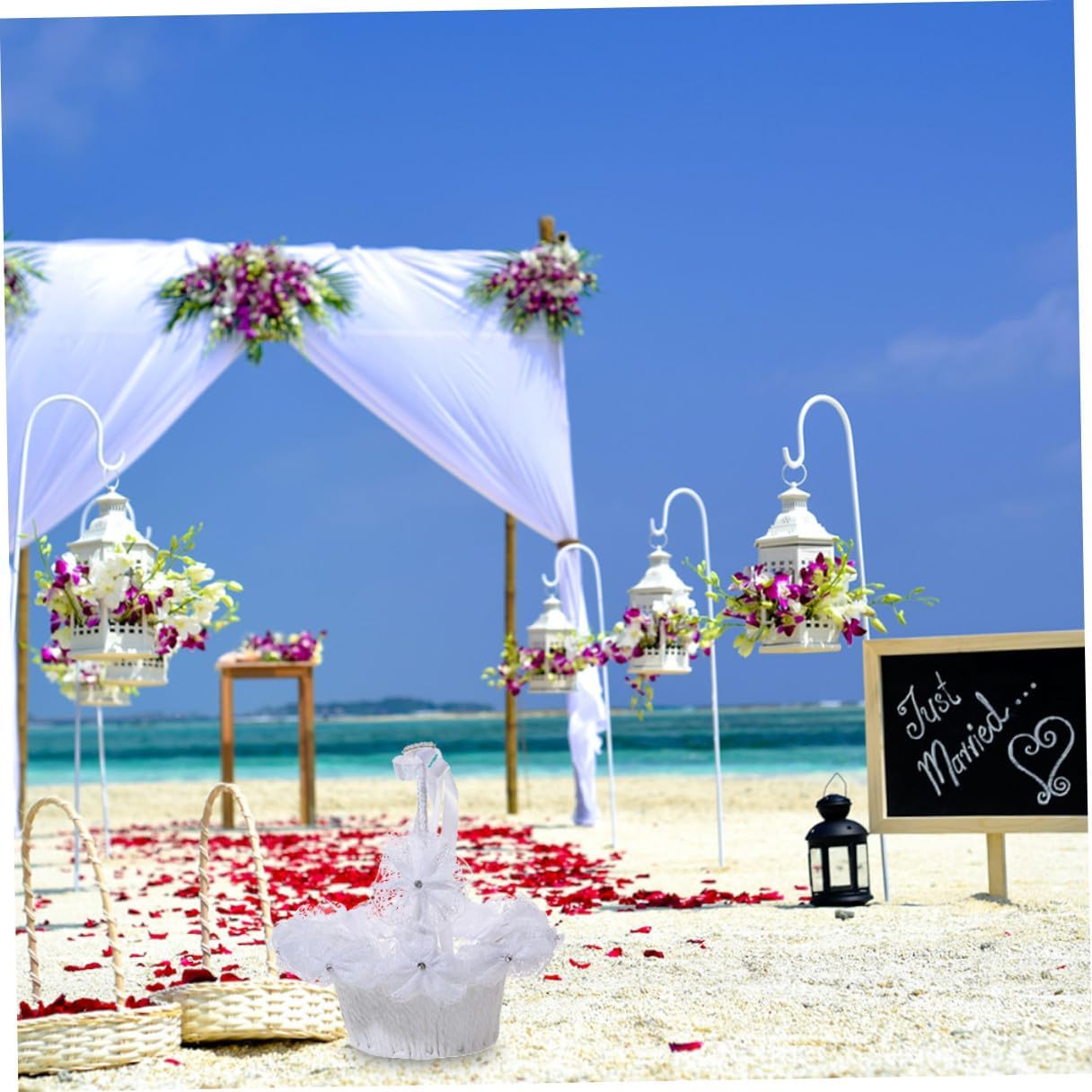Pearl Rhinestone Bowknot Wedding Flower Girl Basket White Lace Decorative Basket for Weddings and Ceremony Supplies