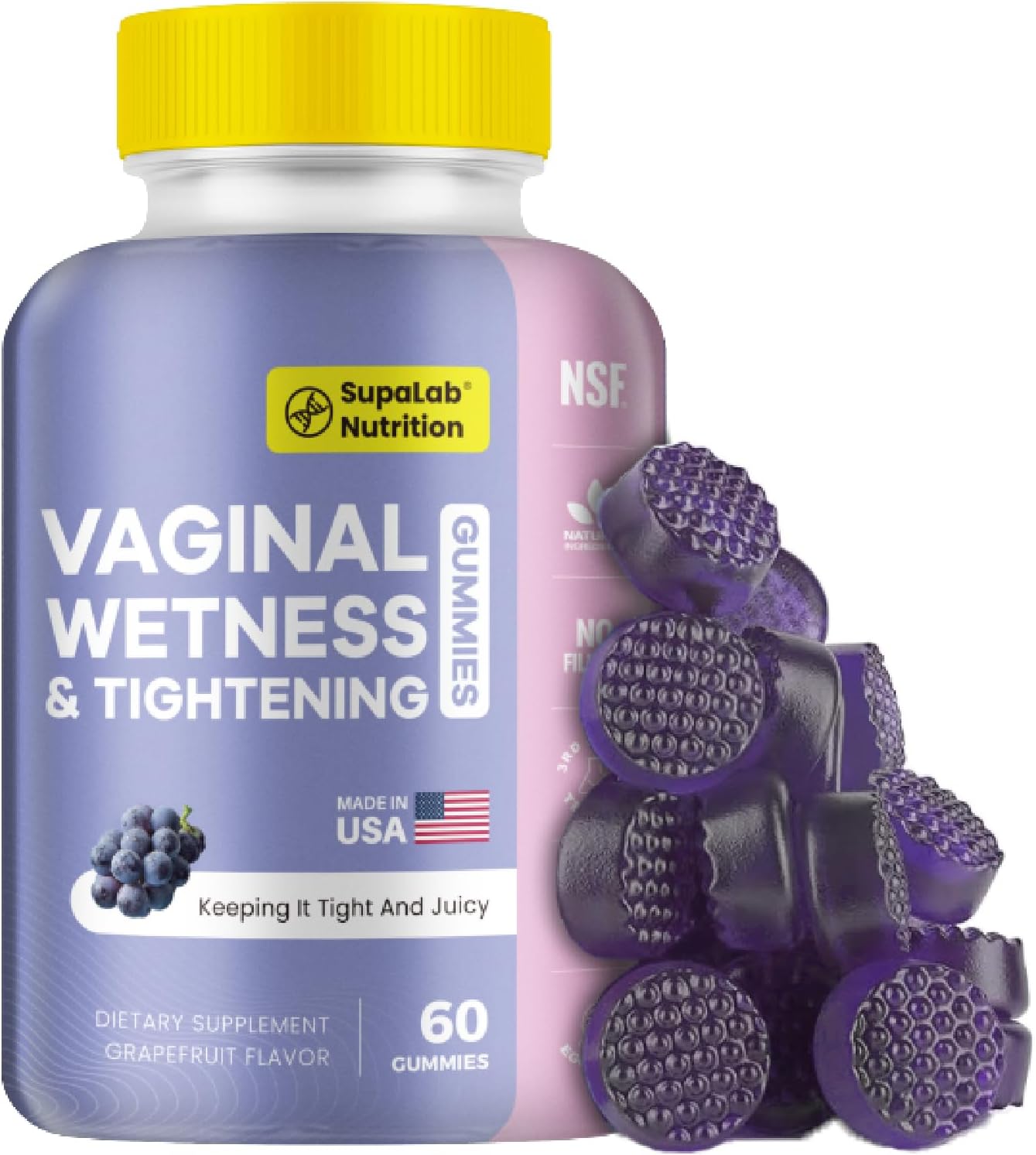 Vaginal Moisturizer Gummis with Slippery Elm Bark, Vaginal Wetness, Natural Firming for Intimate Enjoyment, 60 Gummis