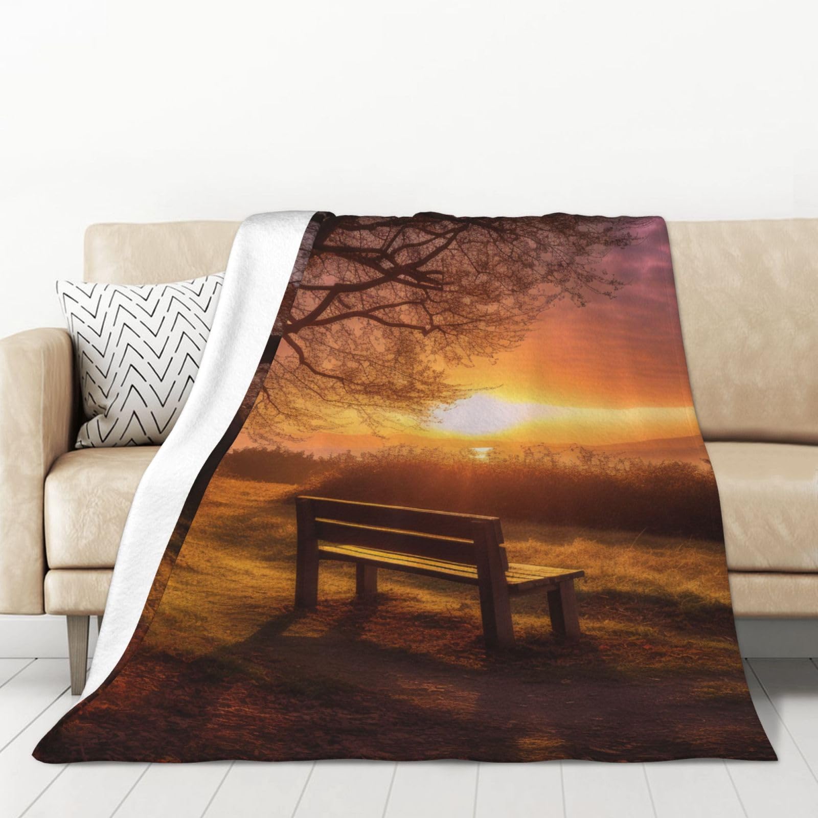 Couverture en flanelle anti-boulochage Lonely Bench 320 g motif coucher de soleil haut de gamme
