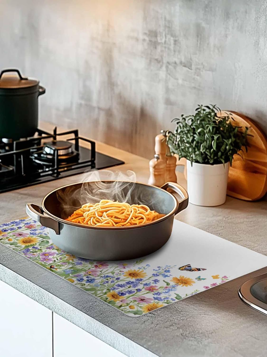 Coffee Mat Butterfly Watercolor Flower Dish Drying Mat for Kitchen Counter Retro Sunflower Coffee Bar Mat for Coffee Maker and Espresso Machine, Coffee Station Accessories 18x24in