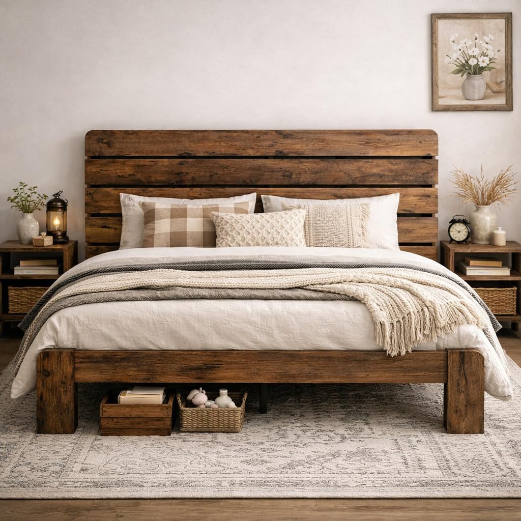 Wooden King Size Bed Frame with Headboard, Rustic Farmhouse Platform Bedframe with Wood Slat Support, Sturdy and No Noise, Easy Assembly (Light Brown/Linear Headboard, King)