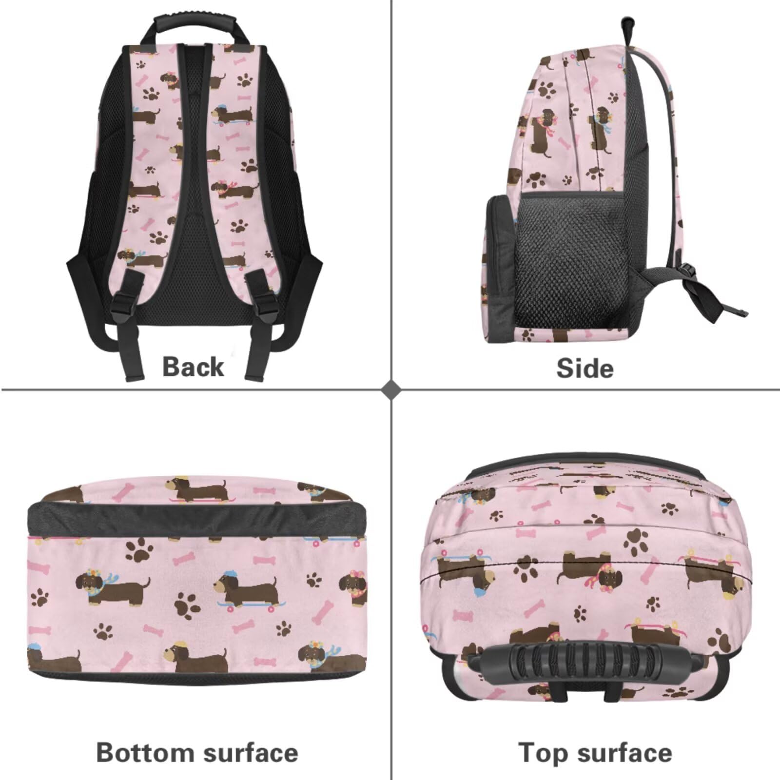 Xoenoiee Mochila escolar para niños con lonchera, estuche para lápices y soporte para botella de agua, para niños y niñas, animales lindos, Dachshund Dog Bone Paw Pink
