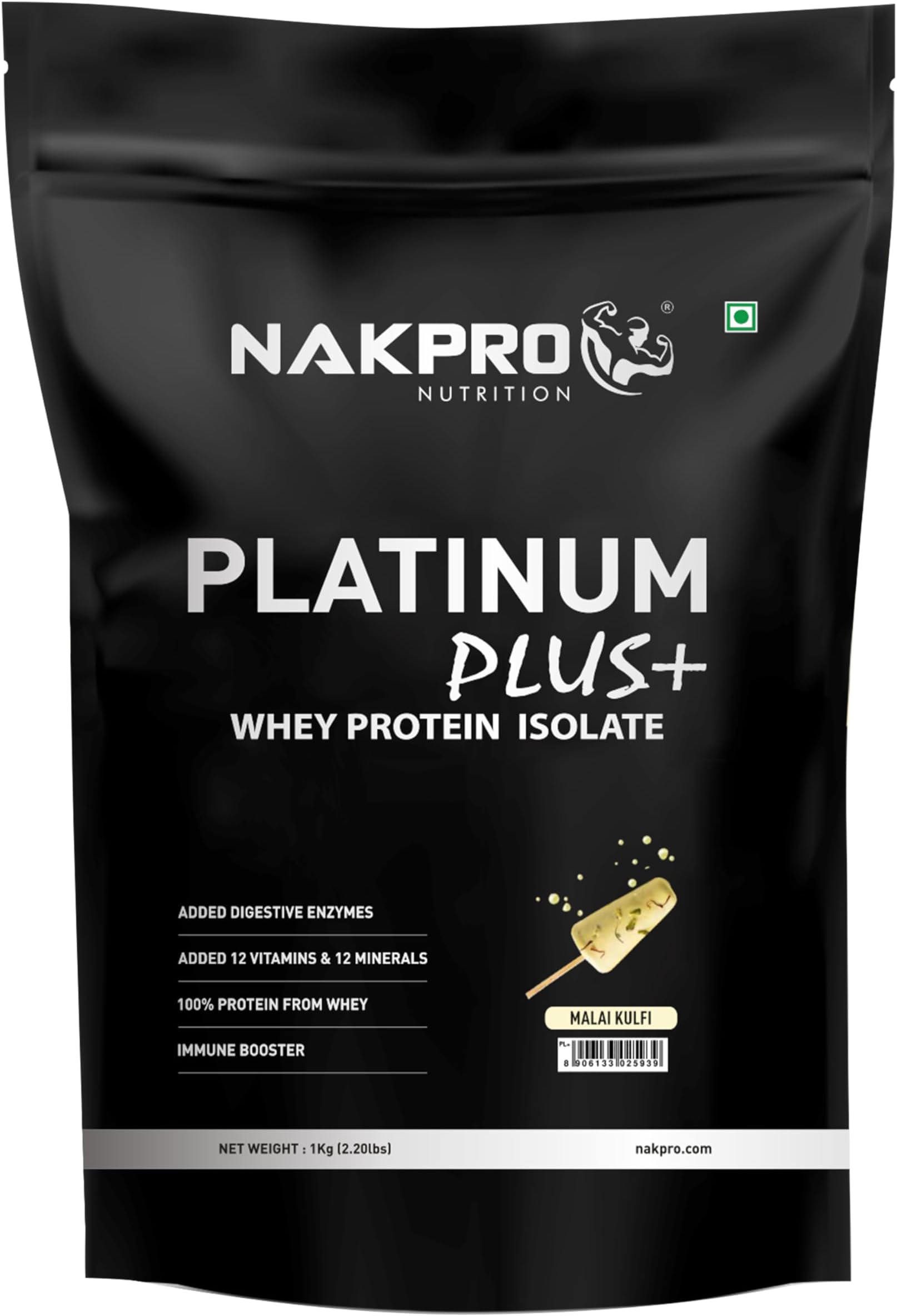 Platinum Plus+ Whey Protein Isolate with Digestive Enzymes | 28g Protein, 6.36g BCAA |Added Vitamins & Minerals (Malai Kulfi, 1 Kg)
