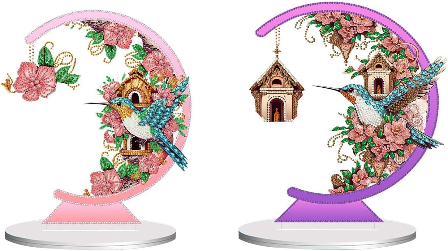 ARTopet 2Pcs DIY Diamond Desktop Ornament Special Shaped Crystal Diamond Art Painting Moon Shape Flowers Hummingbird Tabletop Ornaments Single Sided Diamond Valentine's Day Home Decor-01
