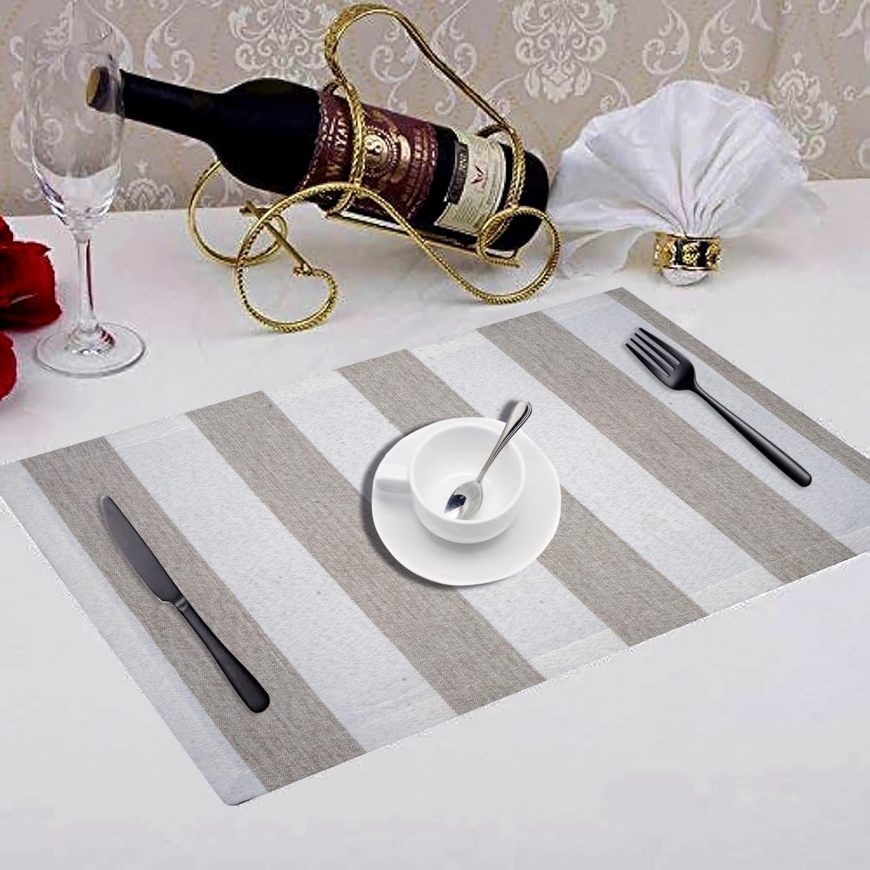 Cloths Big Stripe Placemats for Dining Table Set of 4, Heat Resistant Washable 100% Cotton Table Mats, Modern Place Mats for Dining Table Decor 13" x 19", Beige