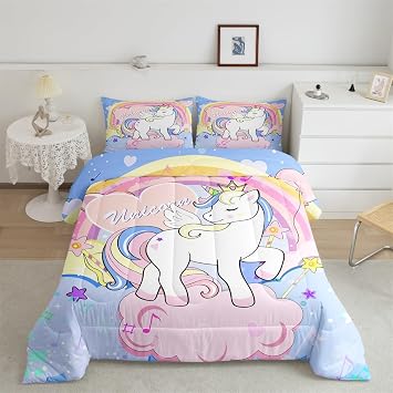 Feelyou Unicorn Bedding Comforter Sets Full for Girls Kids Toddlers, Rainbow Unicorn Print Bedding Kawaii Animal Galaxy Stars Reverse Quilt Set Cartoon Pink Blue Room Decor, Unicorn Gifts