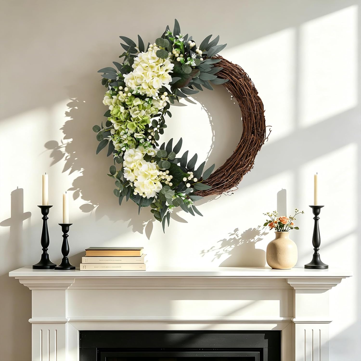 Spring Flower Wreath for Front Door, 20 Inch Hydrangea Door Wreath with White Berries, Summer Eucalyptus Wreaths for Front Door Outside All Season, Farmhouse, Indoor Outdoor Wall Decor