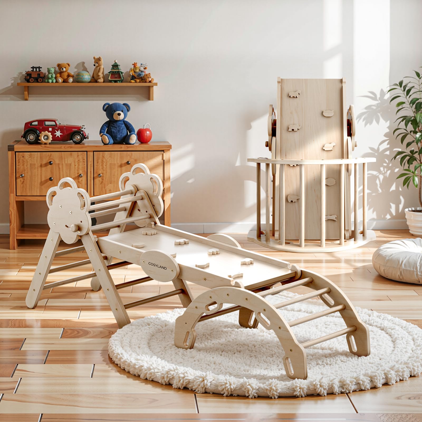 COSYLAND 8 en 1 Triángulo de Escalada Montessori con Arco y Rampa, Set Plegable Infantil, Juguete de Madera Resistente para Interior, Niños 18 Meses-6 años, Natural/Madera Clara, Grande — view 9