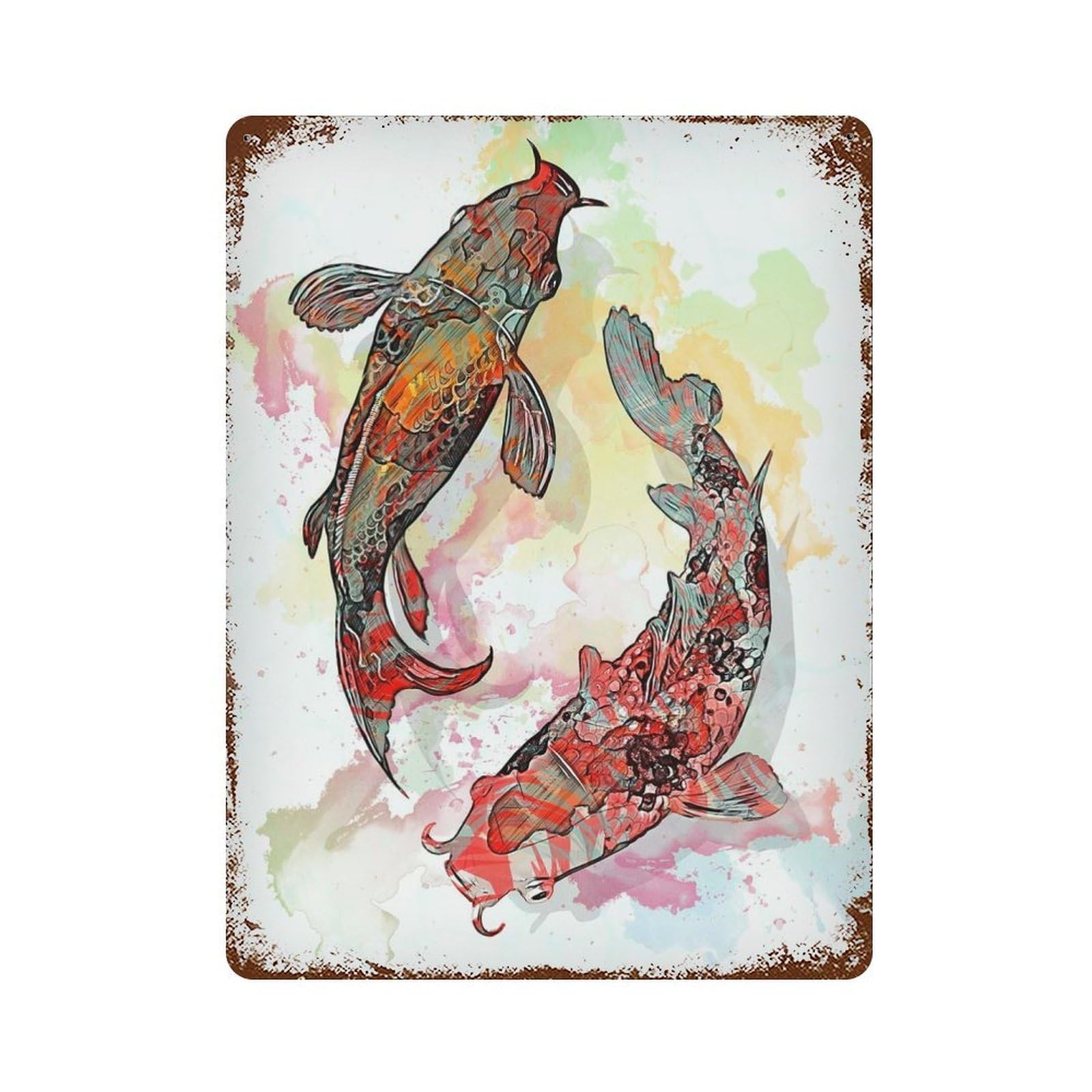 Rust Effect Koi Fishes Rustic Tin Plaque 15.7"x11.8", Classic Wall Plaque for Shed, Workshop And Garage Wall Decor