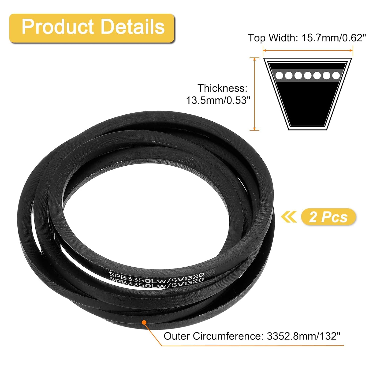 uxcell 2Pcs 5V1320 V-Belt, Classic Wrapped Rubber V-Belt 132" Outside Circumference x 0.62" Width x 0.53" Height for Industrial Machinery Equipment, Black
